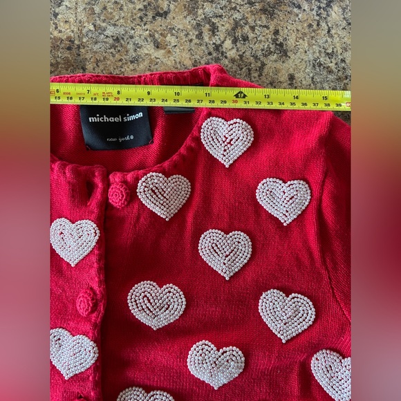 VTG 1999 Michael Simon Red/White Beaded Heart Cardigan,Valentines, Sweetheart, M - Picture 11 of 14